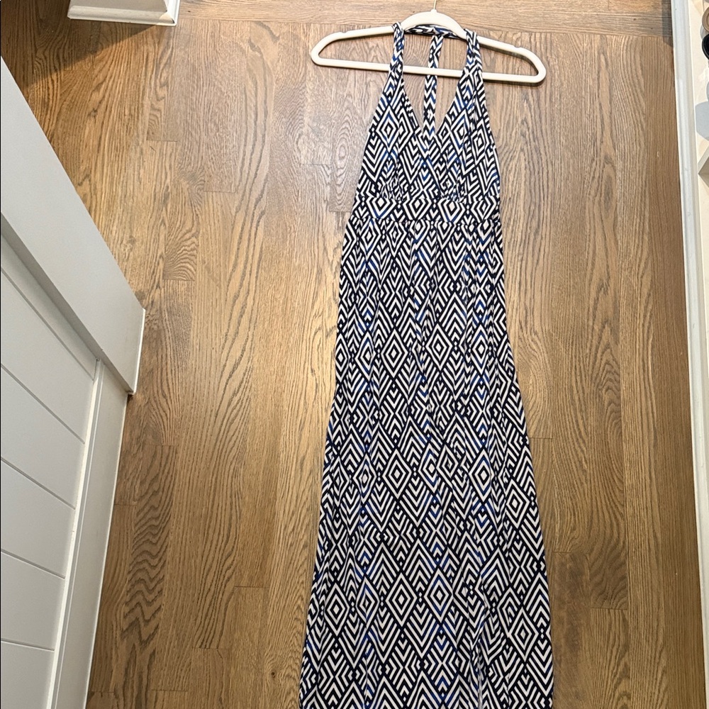 Tart Navy and White Geometric Halter Maxi Dress